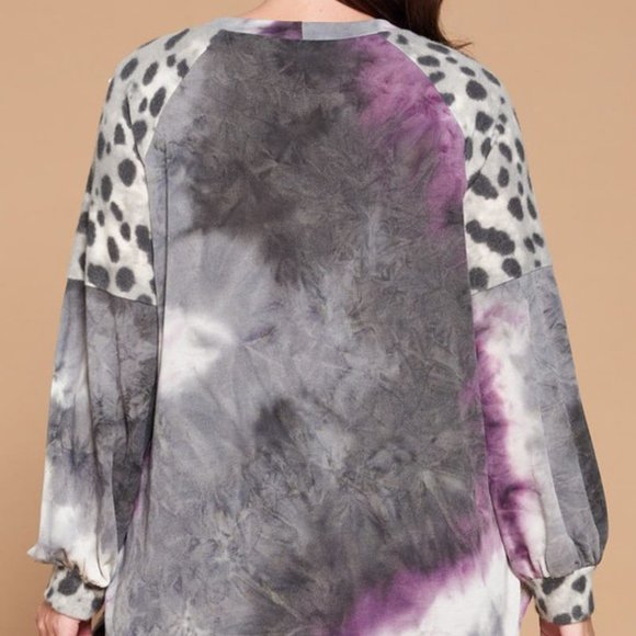 Purple and Grey Tie Dye and Animal Print Top - Picture 2 of 5